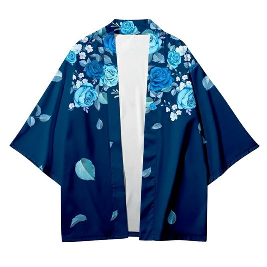 Haori Femme Bleu Marine En Motif Roses Élégantes