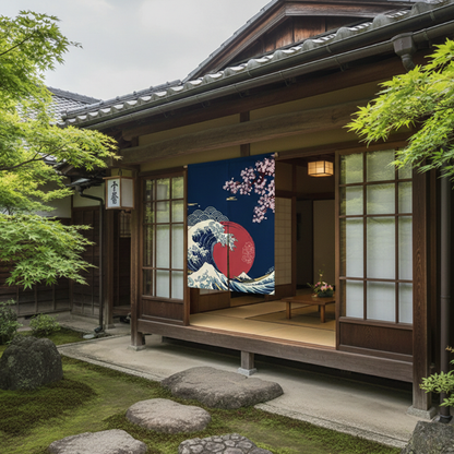Noren Japonais Avec Vague Hokusai Et Fleurs Sakura