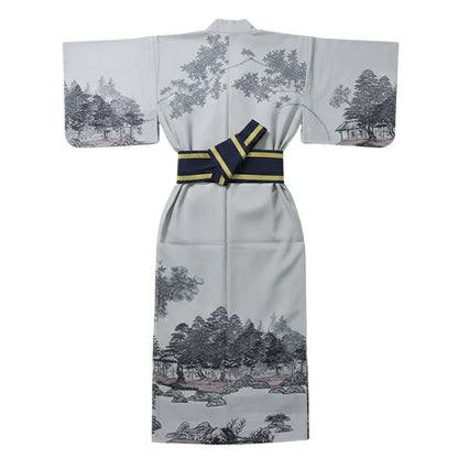 Kimono Japonais Gris Clair Avec Motif Paysage