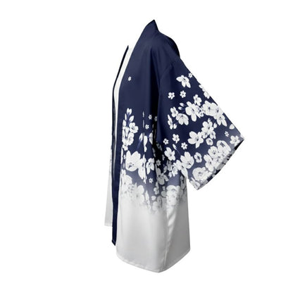 Haori Femme Bleu En Motif Fleurs Blanches Dégradé