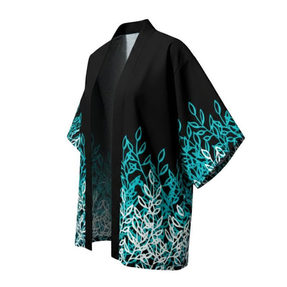 Haori Femme Noir En Motif Feuillage Bleu Et Blanc