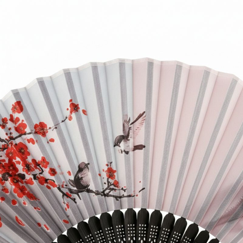 Éventail Japonais Pliant Avec Motif Prunier Et Oiseaux