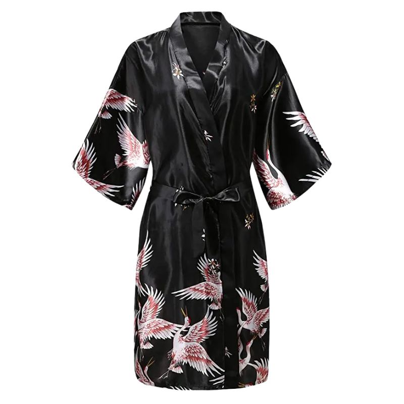 Kimono De Nuit En Satin Avec Motifs Grues Japonaises Élégantes