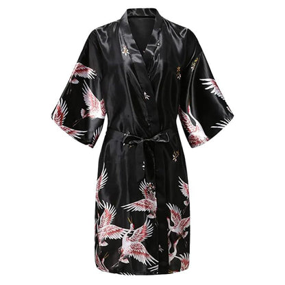 Kimono De Nuit En Satin Avec Motifs Grues Japonaises Élégantes