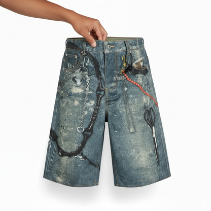 Short Japonais En Denim Avec Imprimé Chaînes Style Urbain