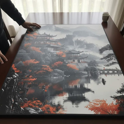 Tableau Japonais Avec Montagnes En Brume Et Sanctuaire Élégant