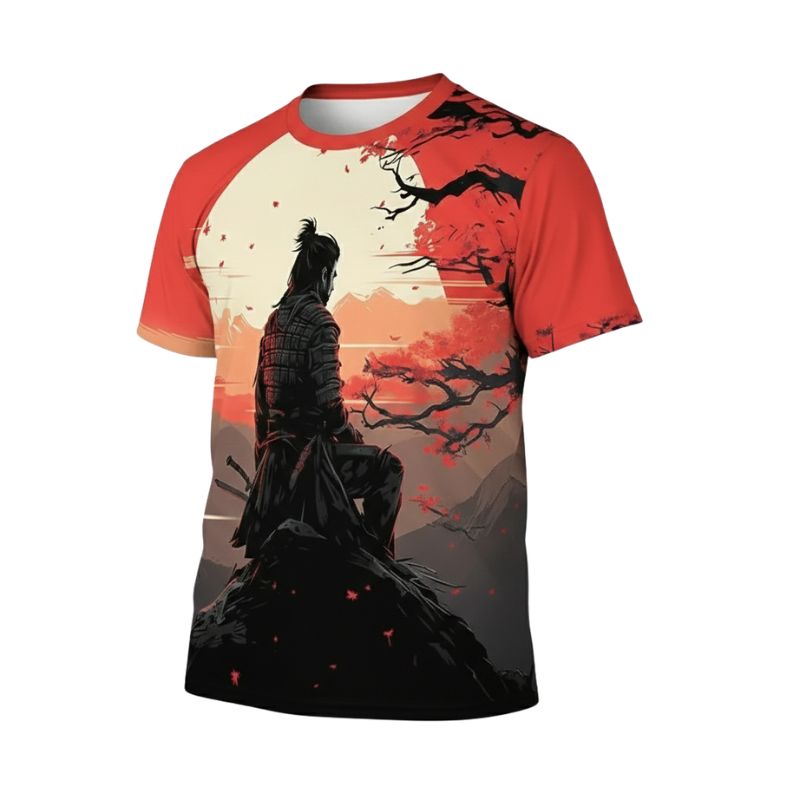 T-Shirt Japonais Avec Samouraï Face Au Soleil Couchant