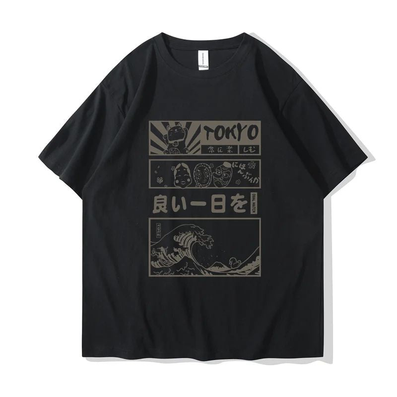 T-Shirt Japonais Avec Illustrations Tokyo Et Vagues Rétro