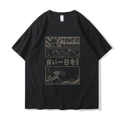 T-Shirt Japonais Avec Illustrations Tokyo Et Vagues Rétro