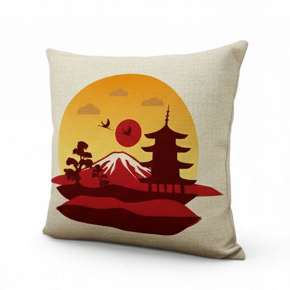 Coussin Japonais Carré Motif Mont Fuji Et Pagode Au Soleil Couchant