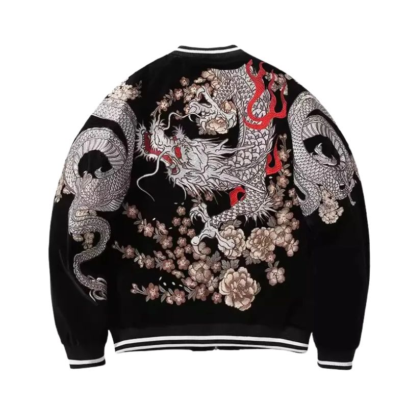 Sukajan Homme En Satin Avec Dragon Enroulé Et Pivoines Brodées