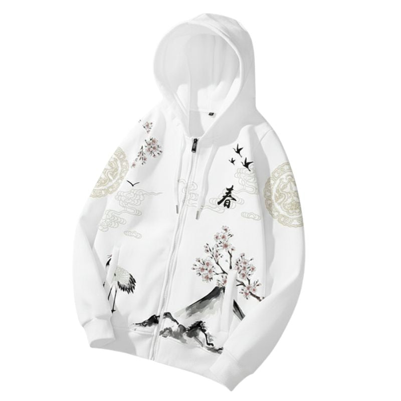 Sweat Japonais Zippé Avec Illustration Montagne Et Oiseaux