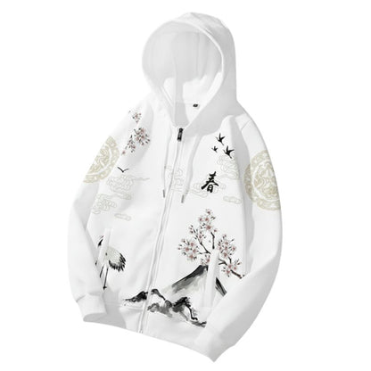 Sweat Japonais Zippé Avec Illustration Montagne Et Oiseaux