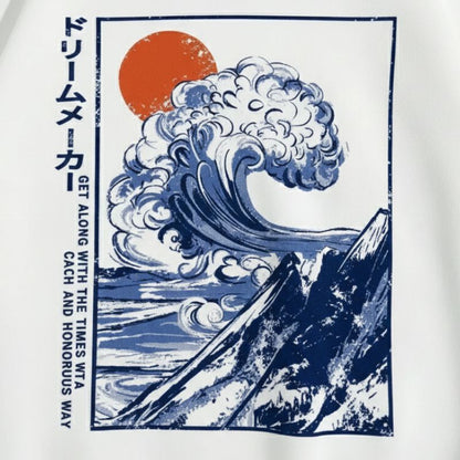 Sweat Japonais Blanc Avec Illustration Vague Et Soleil Levant