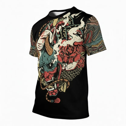 T-Shirt Japonais En Noir Avec Masque Oni Et Illustration Démon