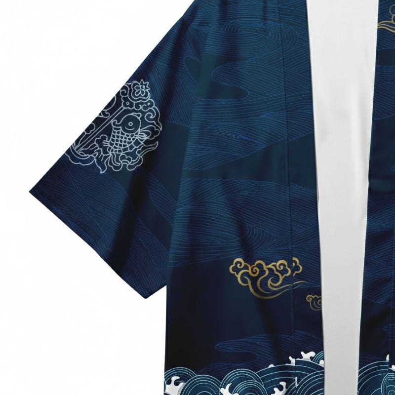 Haori Homme Japonais Bleu Marine Motif Vagues et Nuages