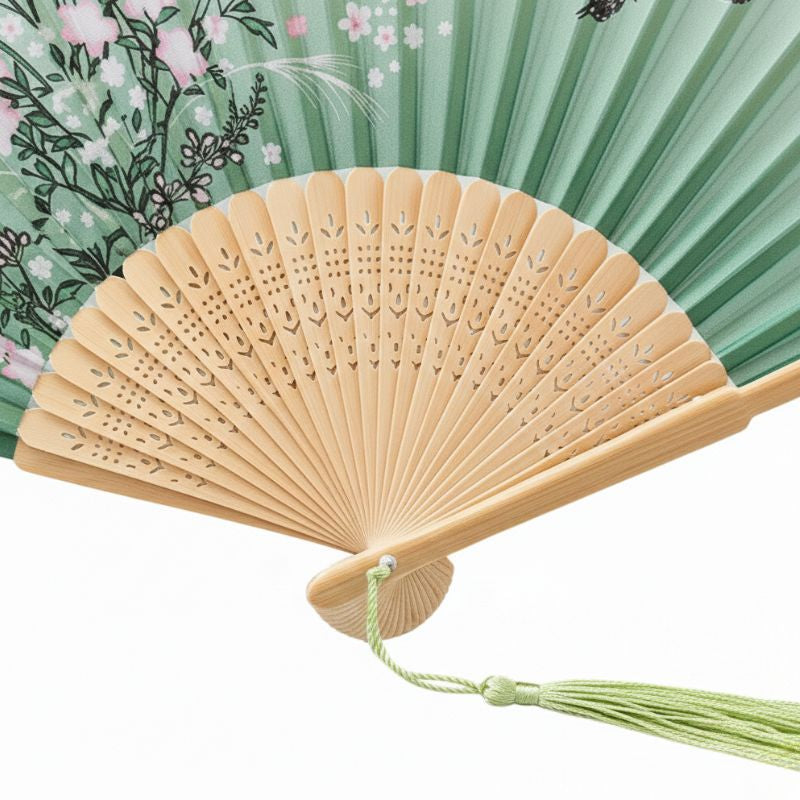 Éventail Japonais Pliant Vert Avec Illustration Florale