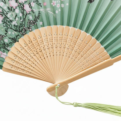 Éventail Japonais Pliant Vert Avec Illustration Florale