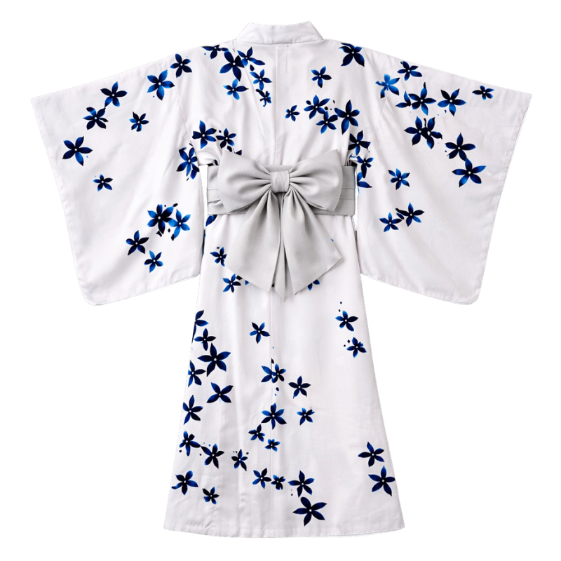 Kimono Traditionnel Blanc Avec Motifs Floraux Bleus