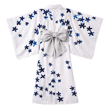 Kimono Traditionnel Blanc Avec Motifs Floraux Bleus