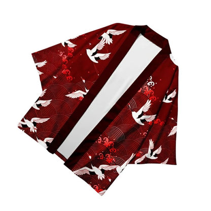 Haori Homme Japonais Rouge Grues Blanches et Motifs Seigaiha