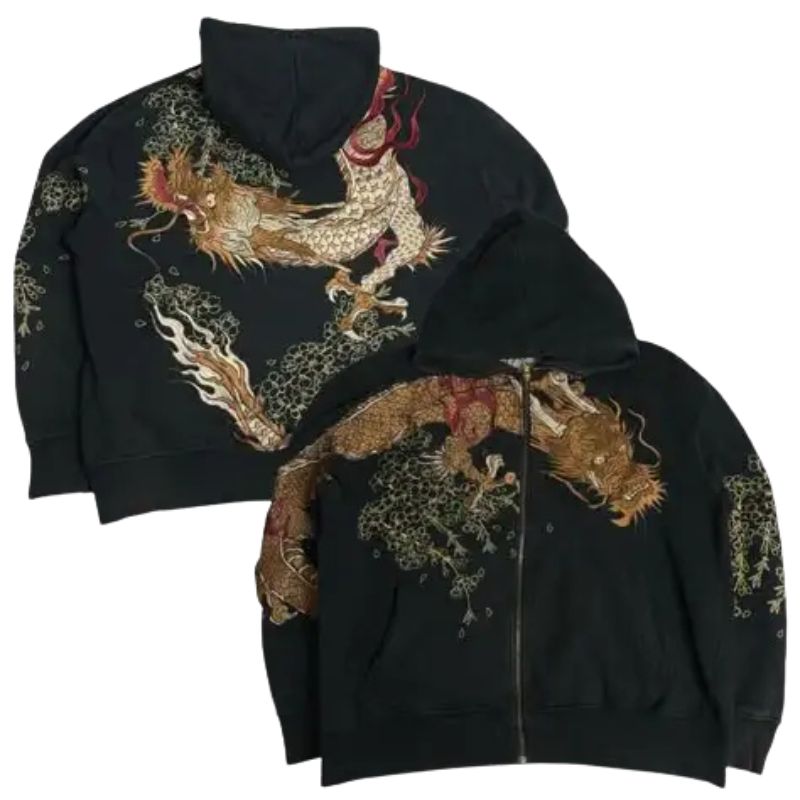 Sweat Japonais Zippé Avec Motif Dragon Traditionnel