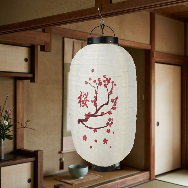 Lanterne Japonaise Blanche Motif Branche De Sakura