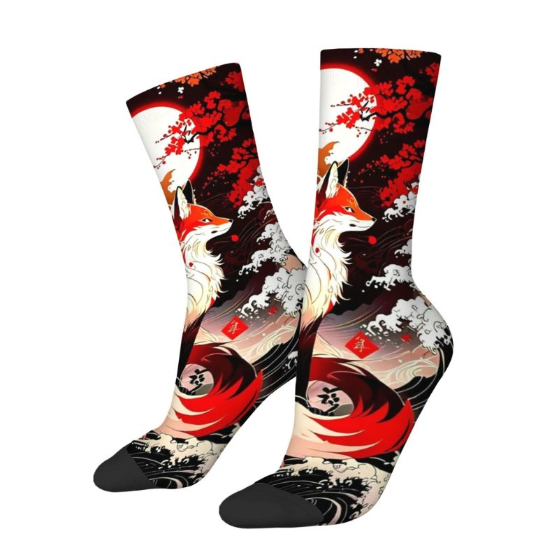 Chaussette Japonaise Imprimé Renard Rouge Et Lune Mystique