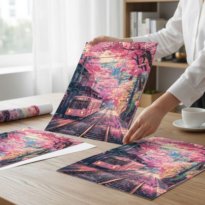 Tableau Japonais Décoratif Avec Train Et Ambiance Printemps