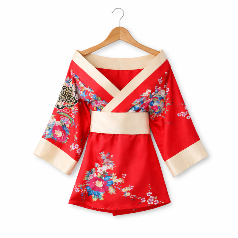 Kimono De Nuit Rouge Avec Motifs Floraux Japonais