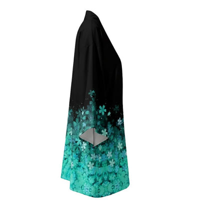 Haori Femme Noir En Motif Fleurs Turquoise Dégradé