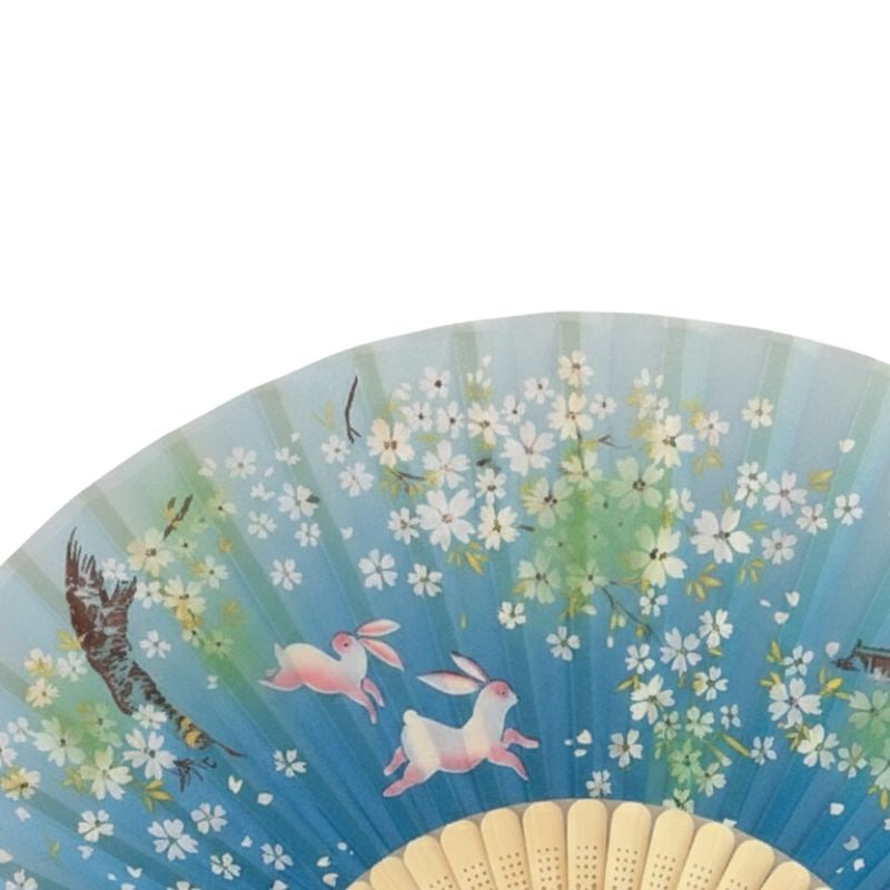Éventail Japonais Bleu Dégradé Avec Motif Lapins Et Fleurs