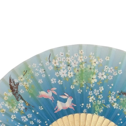 Éventail Japonais Bleu Dégradé Avec Motif Lapins Et Fleurs