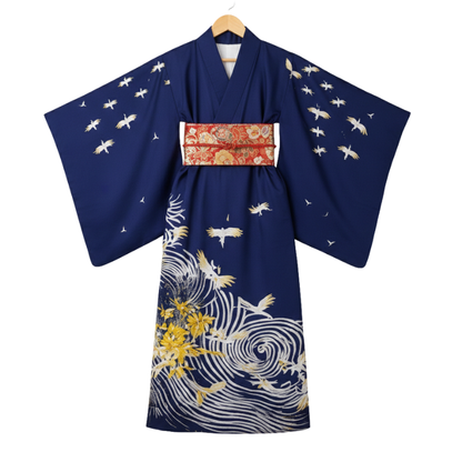 Kimono Traditionnel Bleu Nuit Avec Motifs Grues Et Vagues Élégantes