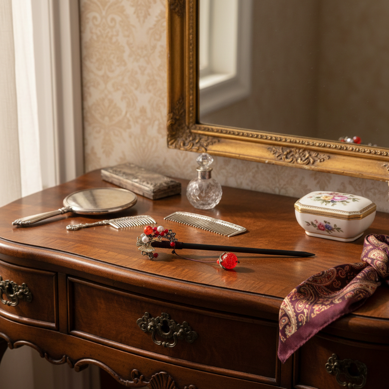 Kanzashi Japonais Avec Ornement Perlé Rouge