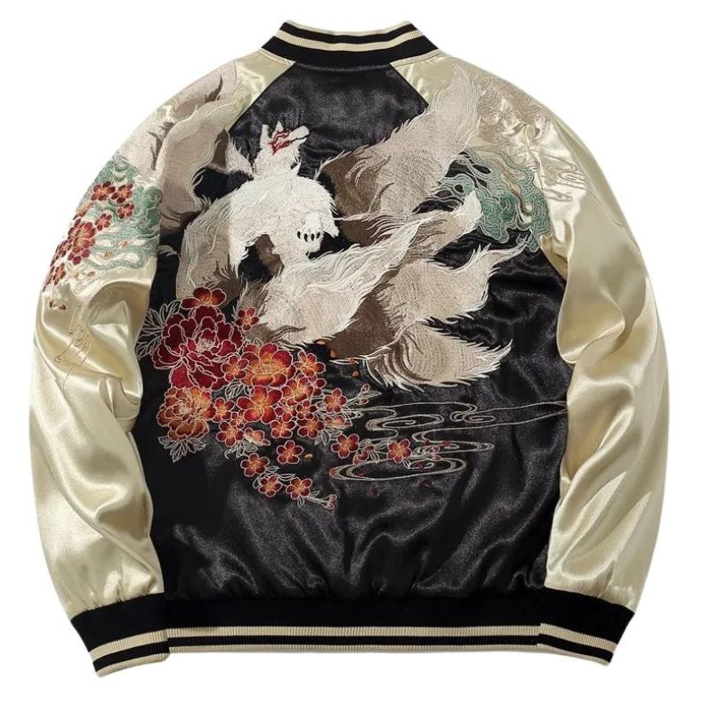 Sukajan Homme En Satin Avec Renard Mythique