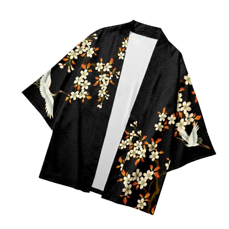Haori Homme Style Japonais Sakura et Grues Symboliques
