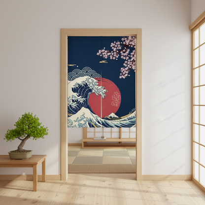 Noren Japonais Avec Vague Hokusai Et Fleurs Sakura