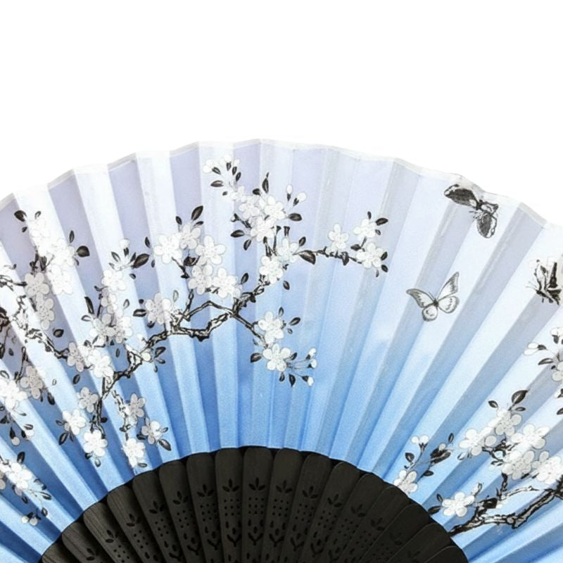 Éventail Japonais Bleu Dégradé Avec Motif Fleurs De Cerisier