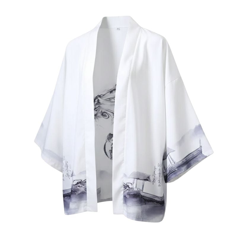 Veste Kimono Blanc En Motif Encre Japonaise Artistique