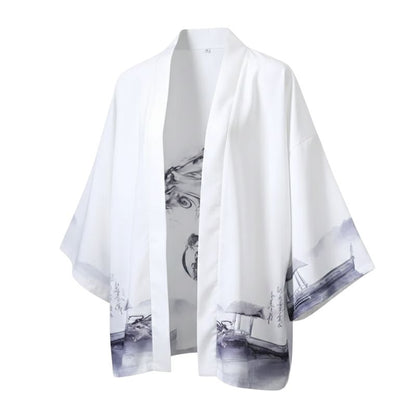 Veste Kimono Blanc En Motif Encre Japonaise Artistique