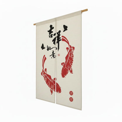 Noren Japonais Avec Carpes Koï Rouges Et Calligraphie Porte Bonheur