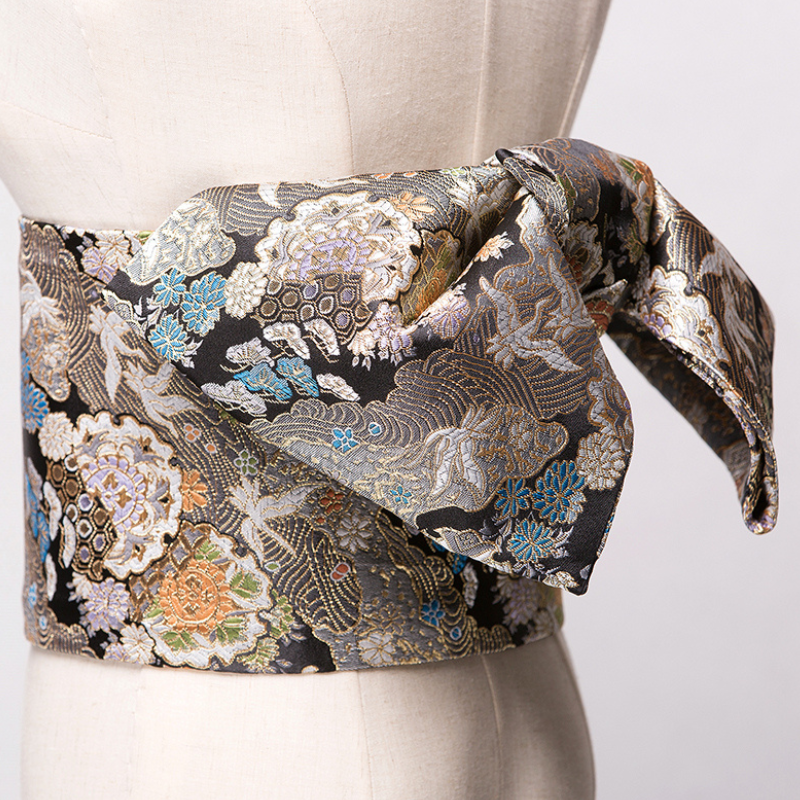 Ceinture Obi Rétro Chic À Motif Fleur Et Vagues Japonaises