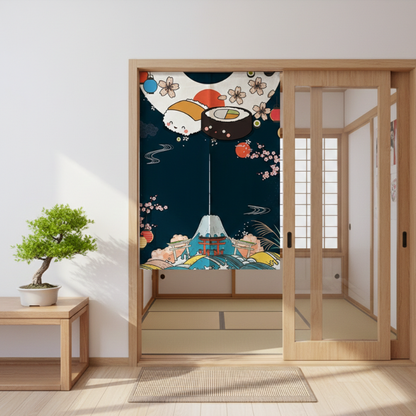 Noren Japonais Avec Motif Sushi Kawaii Et Mont Fuji Traditionnel