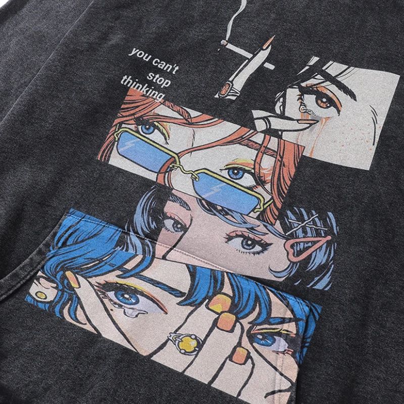 Sweat Japonais Noir Délavé Avec Illustration Manga Artistique