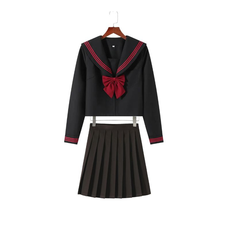 Uniforme Japonais Noir Avec Col Marin Et Nœud Rouge
