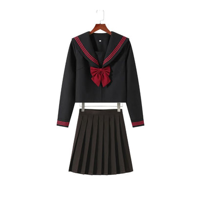 Uniforme Japonais Noir Avec Col Marin Et Nœud Rouge