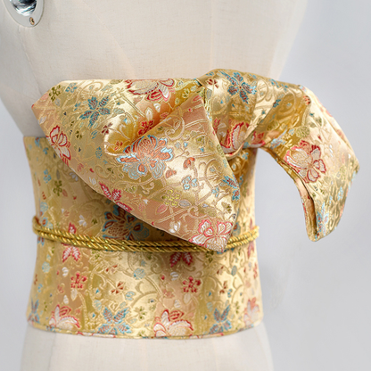 Ceinture Obi Japonaise Or Satiné Motifs Fleurs