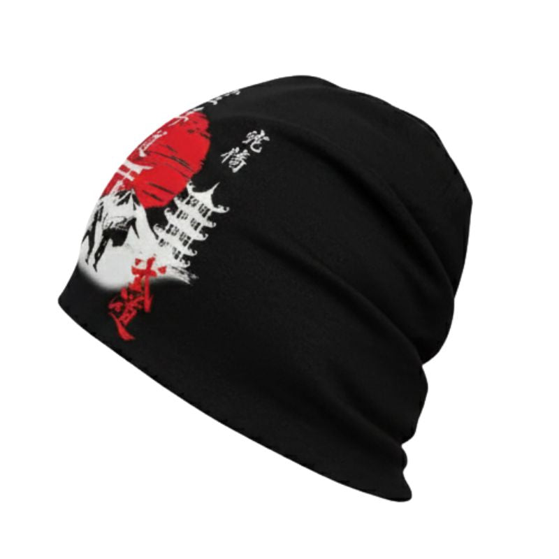 Bonnet Japonais Noir Avec Motif Samouraï Et Soleil Rouge