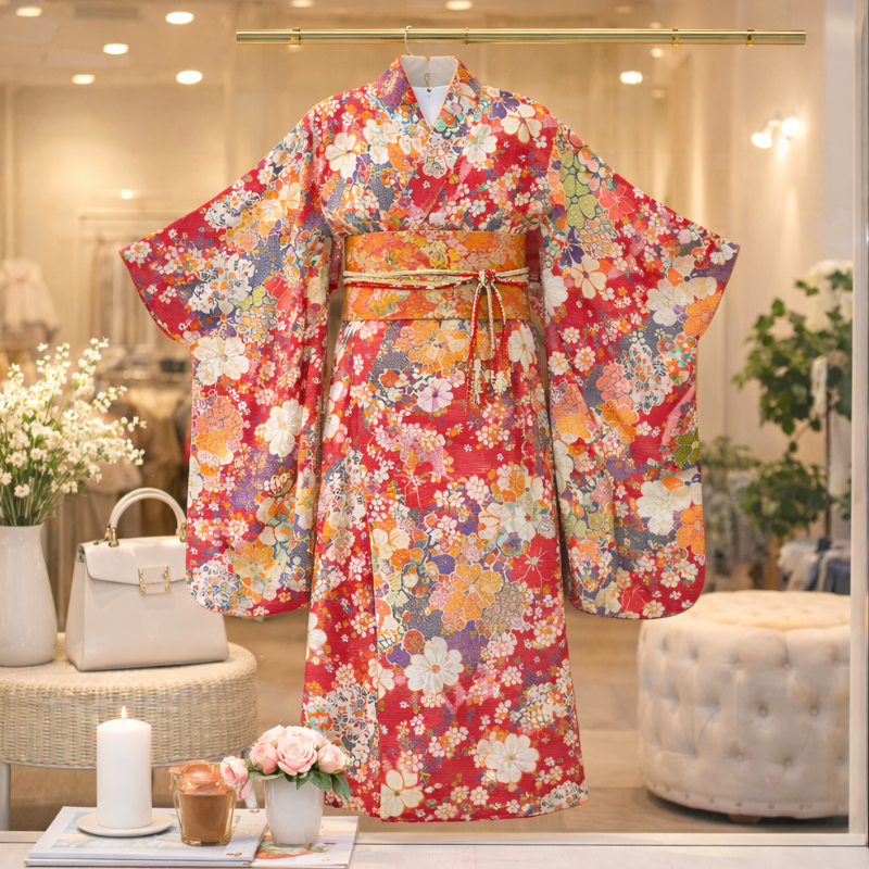 Kimono Traditionnel Avec Imprimé Sakura Et Manches Amples